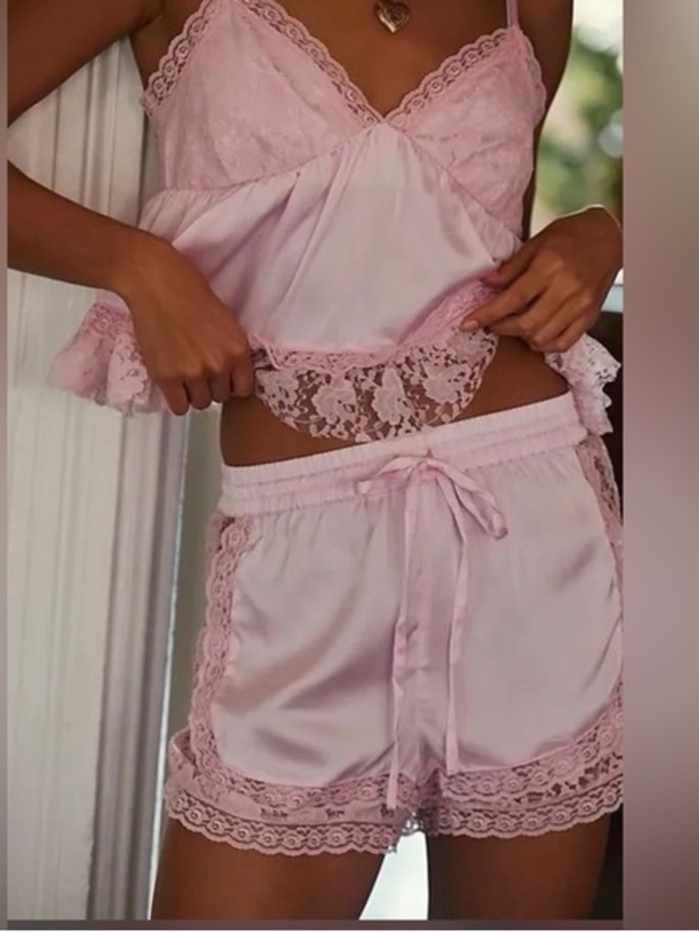 Free People Baby Pink Lace-Trim Camisole & Short Pajama Set